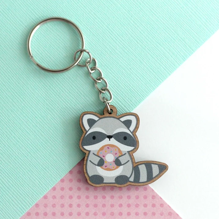 Cute Raccoon Wooden Keychain