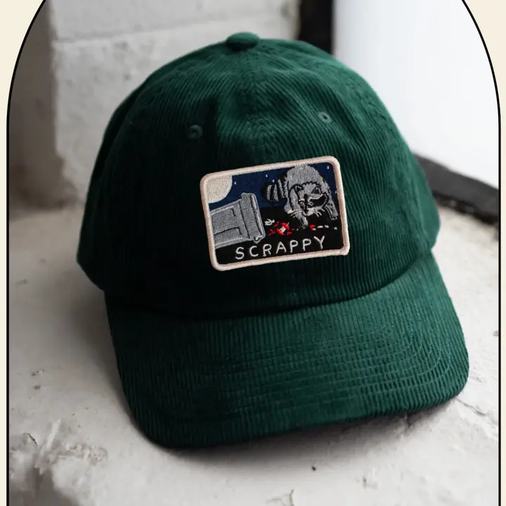 Scrappy Raccoon Patch Corduroy Dad Cap (Emerald Green)