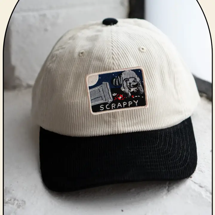 Scrappy Raccoon Patch Corduroy Dad Cap (Vanilla/Licorice)