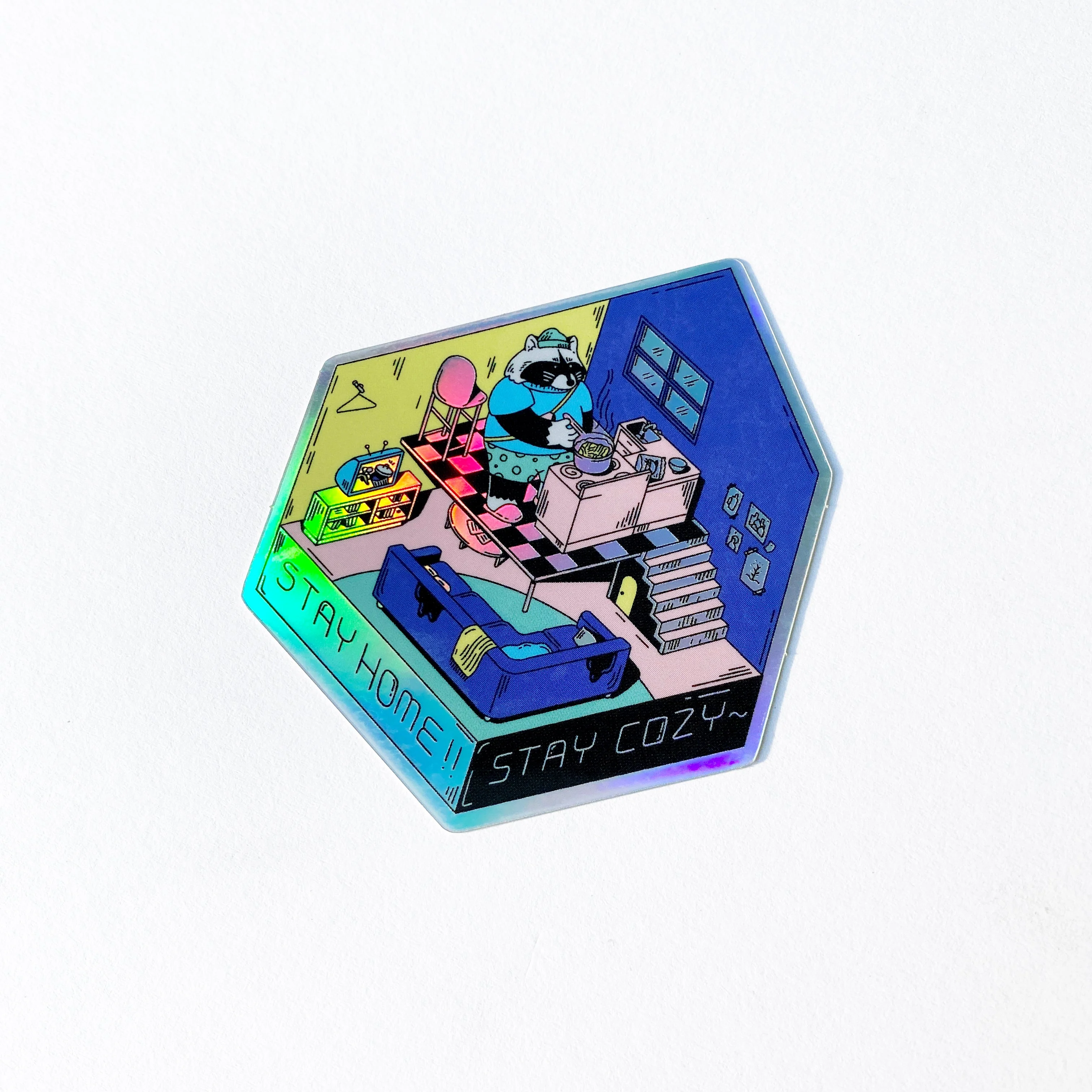 "Stay Home, Stay Cozy" Raccoon Holographic Sticker